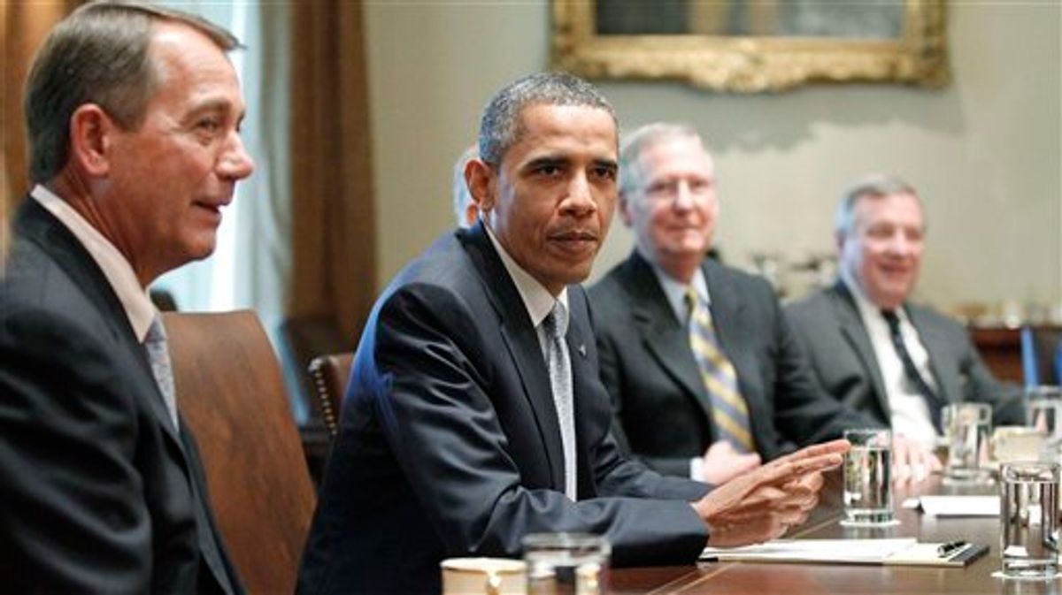 President Barack Obama sits with House Speaker John Boehner of Ohio, and Senate Minority Leader Mitch McConnell of Kentucky, and Sen. Dick Durbin, D-Ill., as he meets with Republican and Democratic leaders regarding the debt ceiling in the Cabinet Room of the White House in Washington, Wednesday, July 13, 2011. (AP Photo/Charles Dharapak)            (AP)