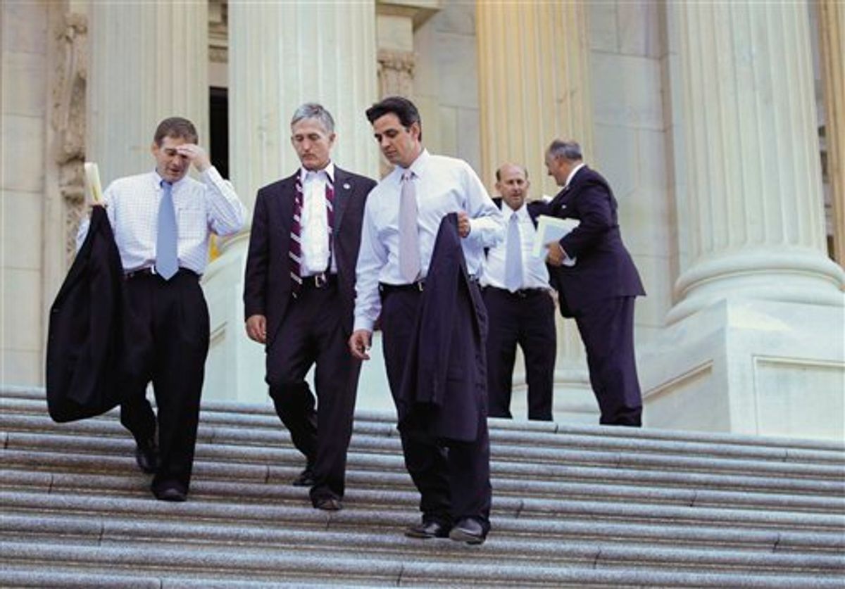 Rep. Jim Jordan, R-Ohio, the Republican Study Committee chairman, far left, leaves the Capitol with fellow House GOP members after passage of the conservative deficit reduction plan known as "Cut, Cap and Balance" that prevailed 234-190, in Washington, Tuesday, July 19, 2011.  (AP Photo/J. Scott Applewhite) (AP)
