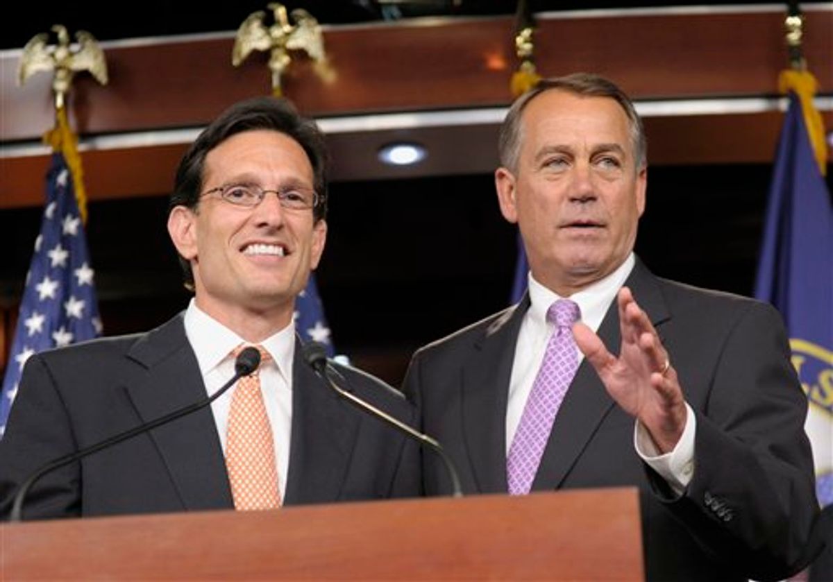 House Speaker John Boehner of Ohio, right, stands with House Majority Leader Eric Cantor of Va., during a news conference on Capitol Hill in Washington, Thursday, July 14, 2011. (AP Photo/Susan Walsh)      (AP)