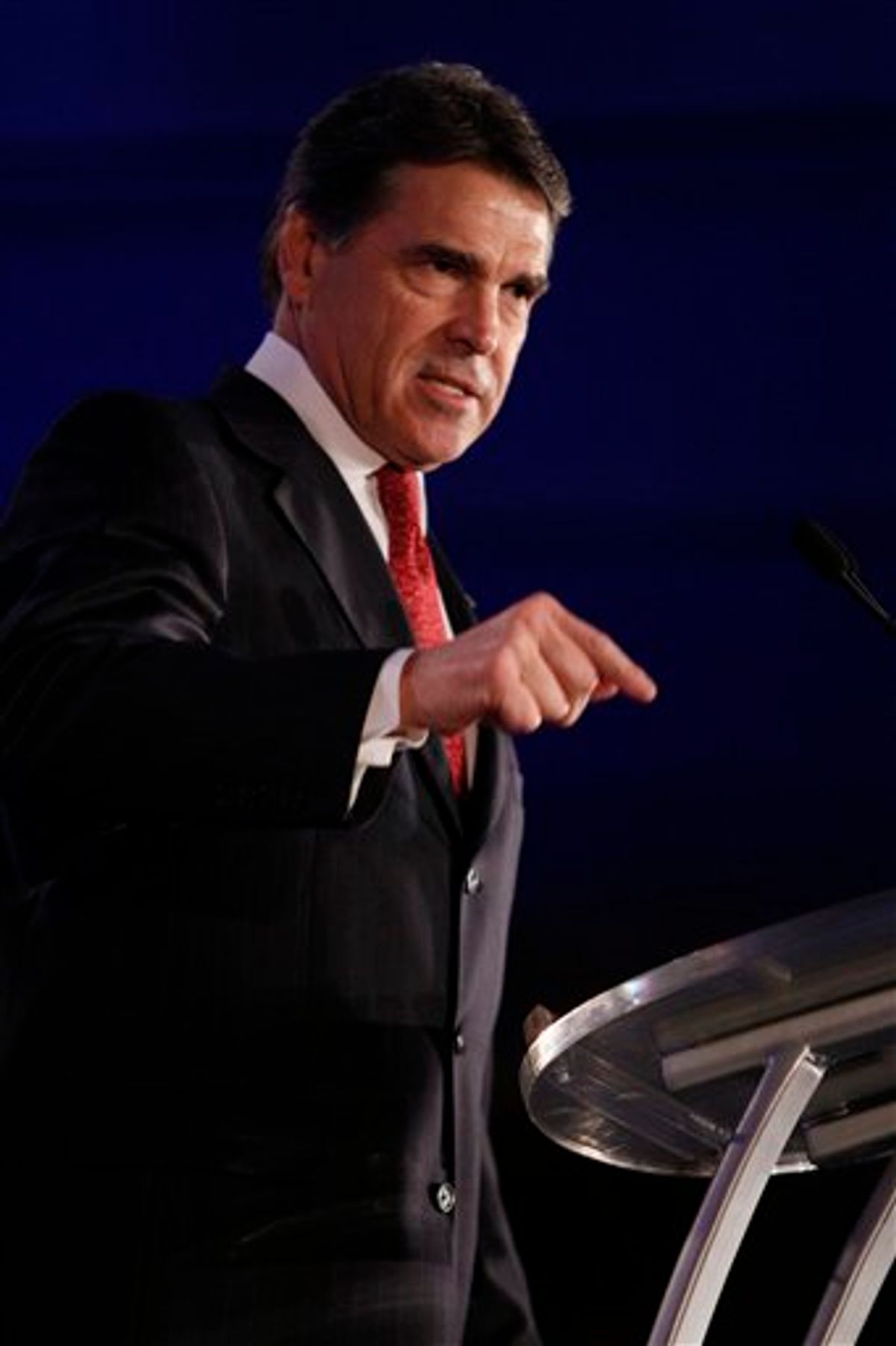 FILE - In this June 18, 2011 file photo, Texas Gov. Rick Perry speaks at the Republican Leadership Conference in New Orleans. If Perry decides to run for president, he'll attack from the Republican Party's right flank, as he would be among the GOP field's most conservative candidates. (AP Photo/Patrick Semansky, File) (AP)