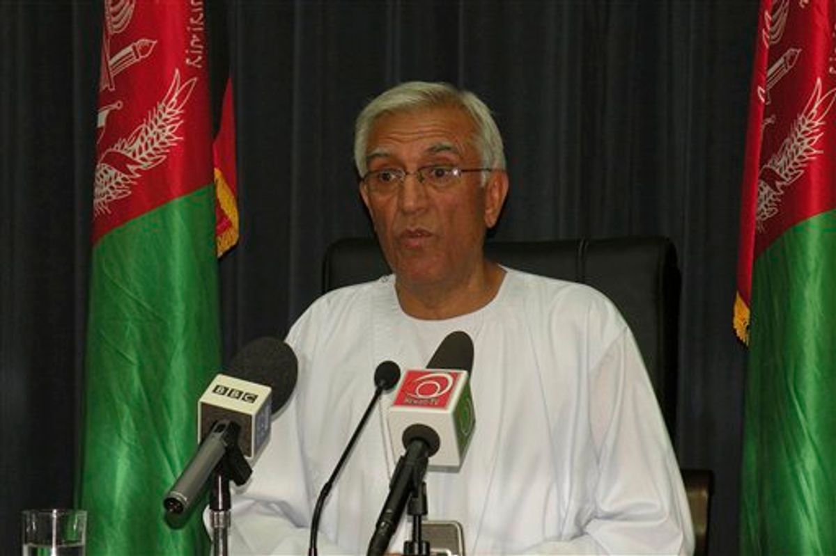 In this undated image made available by the provincial media center Kandahar Mayor Ghulam Haider Hamidi addresses a press conference in Kandahar south of Kabul, Afghanistan. The mayor of Kandahar was assassinated on Wednesday July 27, 2011 by a suicide bomber who hid explosives in his turban Afghan officials said. The Taliban say they sent the suicide bomber who killed the mayor of Kandahar in southern Afghanistan. Hamidi was the third major powerbroker from the south to be slain this month. (AP Photo/Provincial Media Center ) (AP)