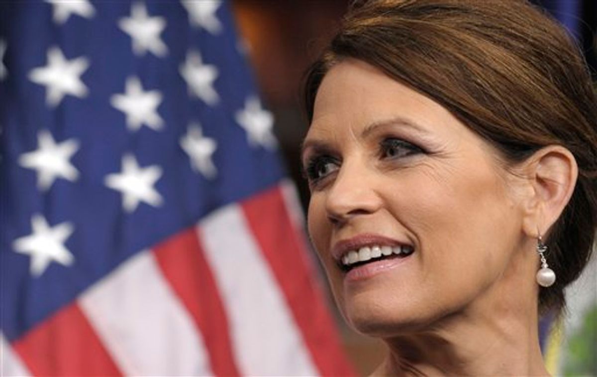 Republican presidential candidate, Rep. Michele Bachmann, R-Minn. takes part in a news conference on Capitol Hill in Washington, Wednesday, July 13, 2011. (AP Photo/Susan Walsh) (AP)