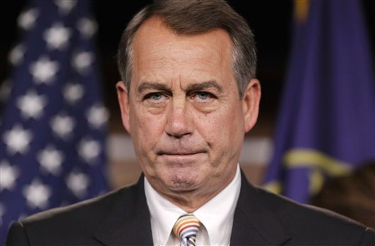 House Speaker John Boehner of Ohio pauses during a news conference on Capitol Hill in Washington, Tuesday, July 19, 2011. Boehner said he is considering alternative budget plans even as the House takes up a GOP proposal to cap spending and eventually require a balanced budget.  (AP Photo/J. Scott Applewhite) (AP)