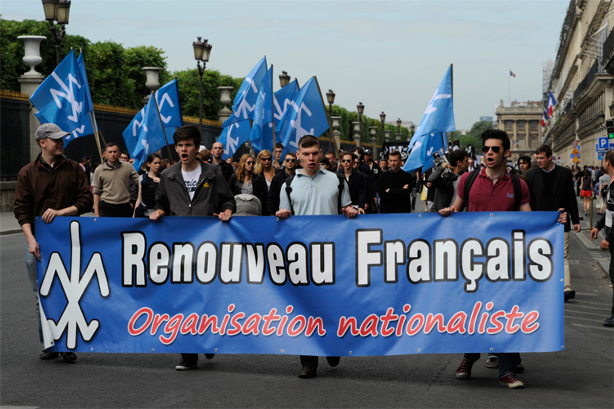 Members of French far right organizations take part in a protest march in Paris May 8, 2011 