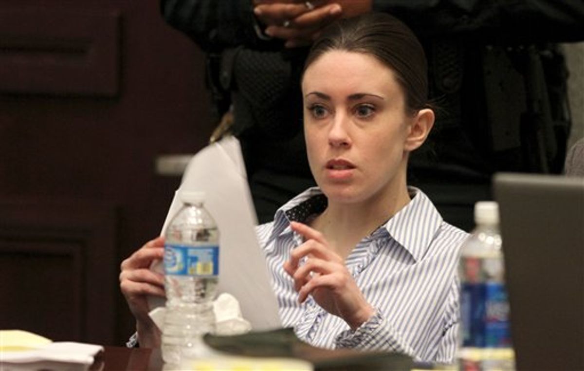 CORRECTS DESCRIPTION OF ACTIVITY SHOWN IN THE PHOTO-- Casey Anthony goes over paperwork during a break on the final day of arguments in her murder trial at the Orange County Courthouse in Orlando, Fla. on Monday, July 4, 2011.  Anthony has plead not guilty to first-degree murder in the death of her daughter, Caylee, and could face the death penalty if convicted of that charge.    (AP Photo/Red Huber, Pool) (AP)