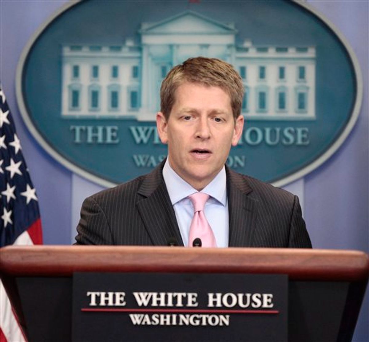 White House Press Secretary Jay Carney speaks during his daily news briefing at the White House in Washington, Monday, July, 18, 2011. (AP Photo/Pablo Martinez Monsivais)   (AP)