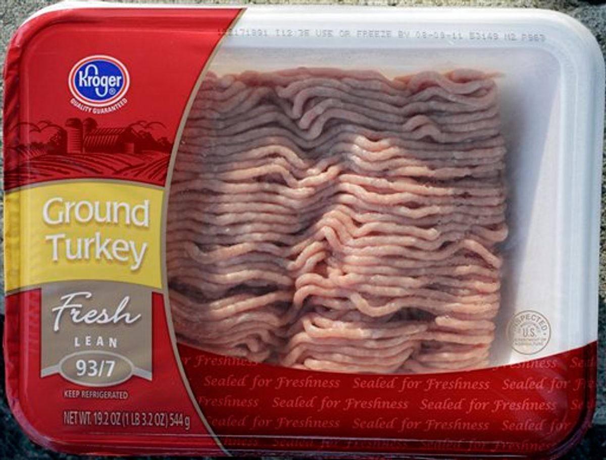 A product subject to meat giant Cargill's recall of 36 million pounds of ground turkey linked to a nationwide salmonella outbreak is shown in Redwood City, Calif., Wednesday, Aug. 3, 2011. Cargill said Wednesday that it is recalling fresh and frozen ground turkey products produced at the company's Springdale, Ark., plant from Feb. 20 through Aug. 2 due to possible contamination from the strain of salmonella linked to the illnesses. The packages were labeled with many different brands, including Honeysuckle White and Kroger. (AP Photo/Paul Sakuma) (AP)