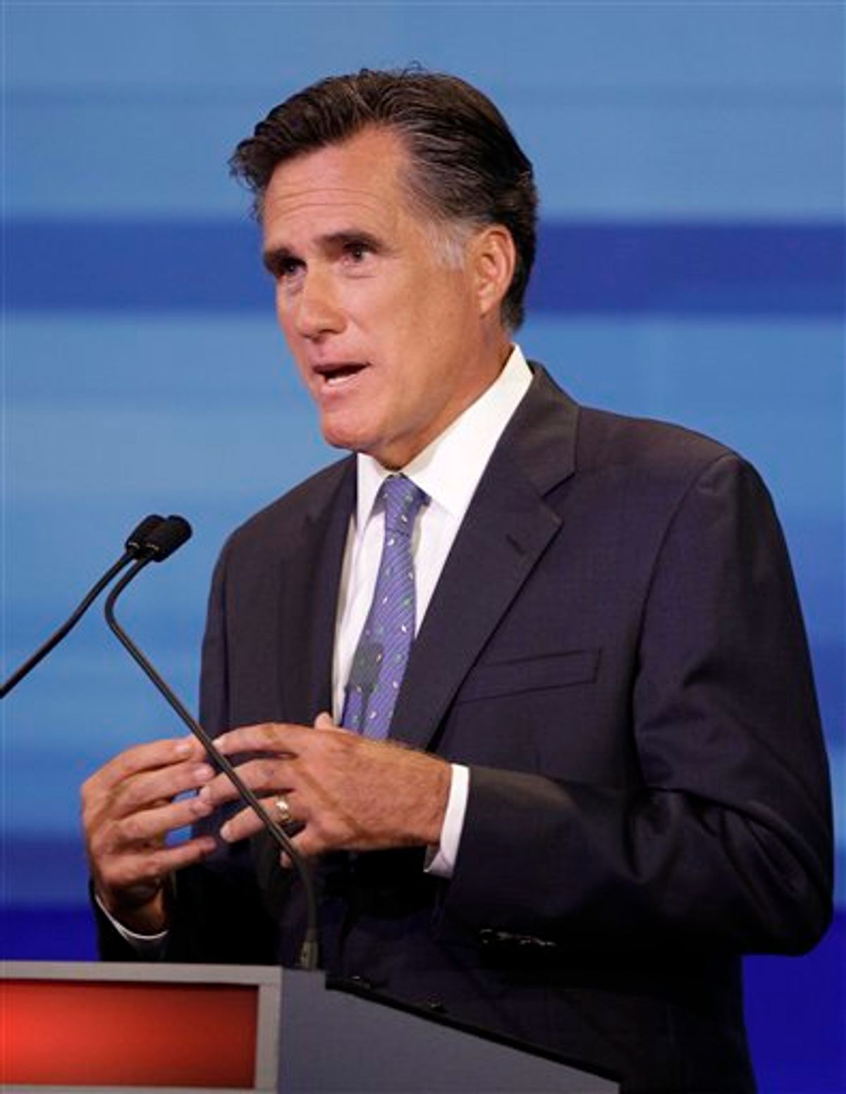 Republican presidential candidate former Massachusetts Gov. Mitt Romney speaks during the Iowa GOP/Fox News Debate at the CY Stephens Auditorium in Ames, Iowa, Thursday, Aug. 11, 2011. (AP Photo/Charlie Neibergall, Pool) (AP)