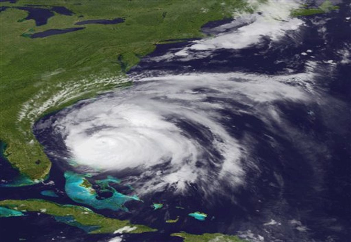 An image provided by NOAA is an Aug. 26, 2011 view of Hurricane Irene made by the GOES-east satellite.  The hurricane is projected to follow a path up the East Coast from North Carolina to Maine and into Canada. (AP Photo/NOAA) (AP)