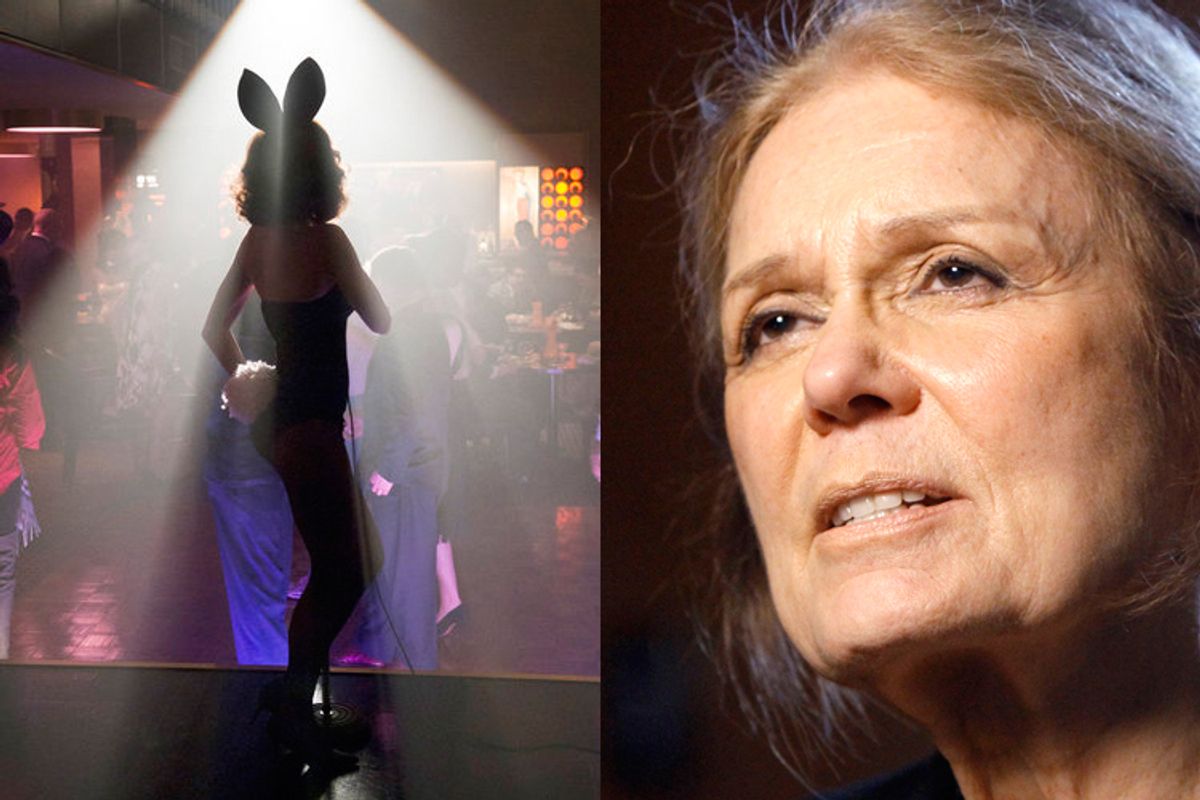 Left: A still from "Playboy Club". Right: Gloria Steinem 