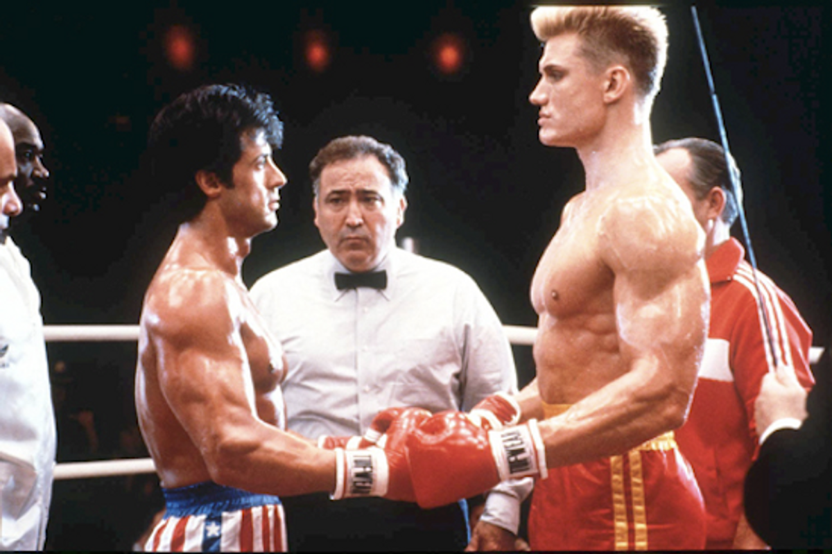 Sylvester Stallone and Dolph Lundgren in "Rocky IV"