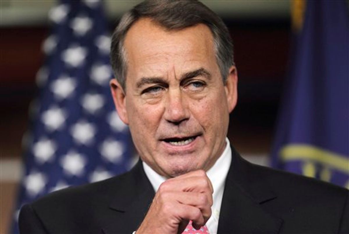 House Speaker John Boehner Ohio speaks during a news conference on Capitol Hill in Washington, Monday, Aug. 1, 2011,  as lawmakers work to finalize the debt deal agreement with one day left to avert a default.     (AP Photo/J. Scott Applewhite) (AP)