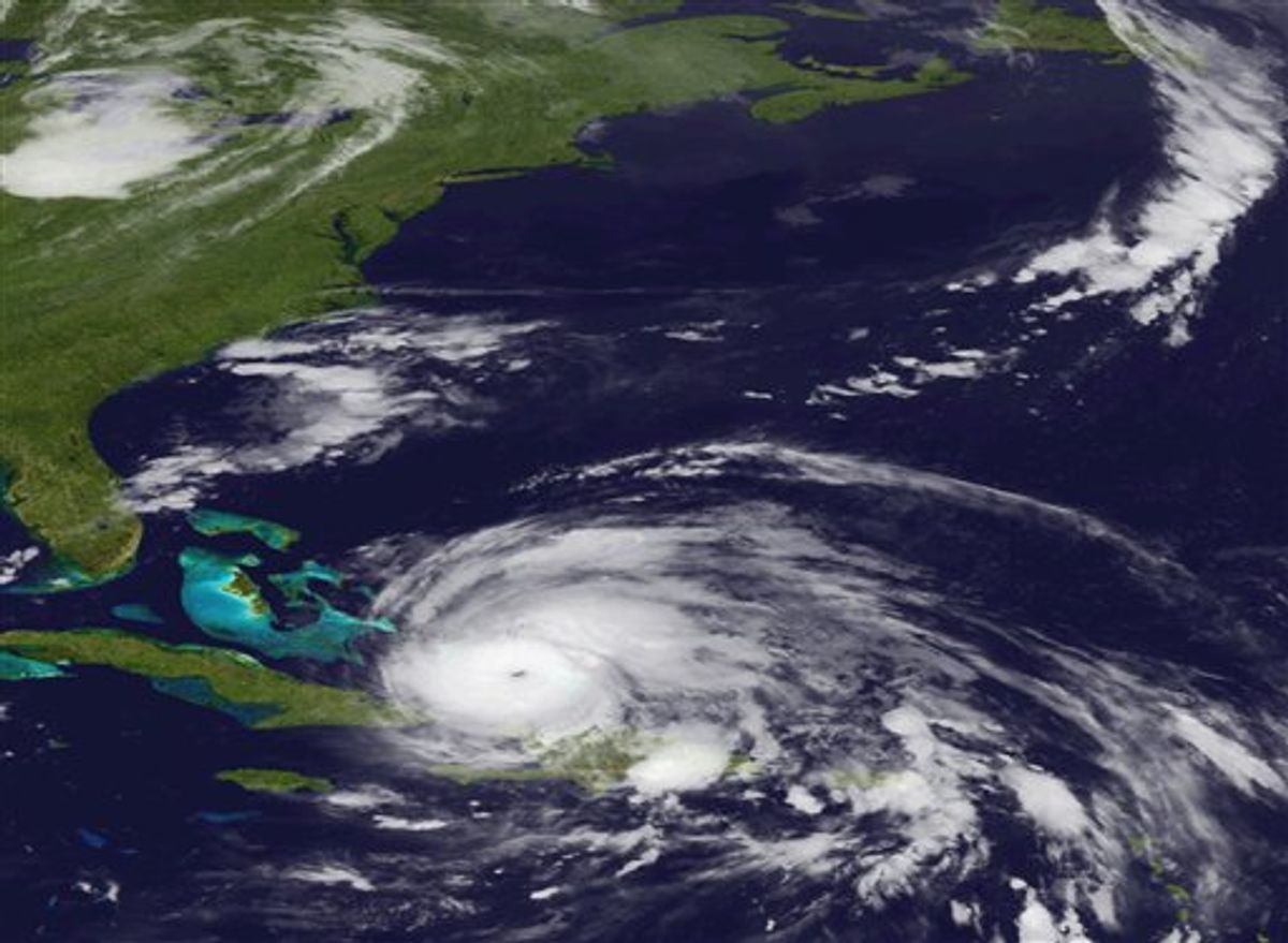 An image released by the NOAA made from the GEOS East satellite shows Hurricane Irene on Aug. 24, 2011 as it moves northwest from the Dominican Republic. Puerto Rico and the Dominican Republic.  Federal officials have warned Irene could cause flooding, power outages or worse all along the East Coast as far north as Maine, even if it stays offshore.  (AP Photo/NOAA) (AP)