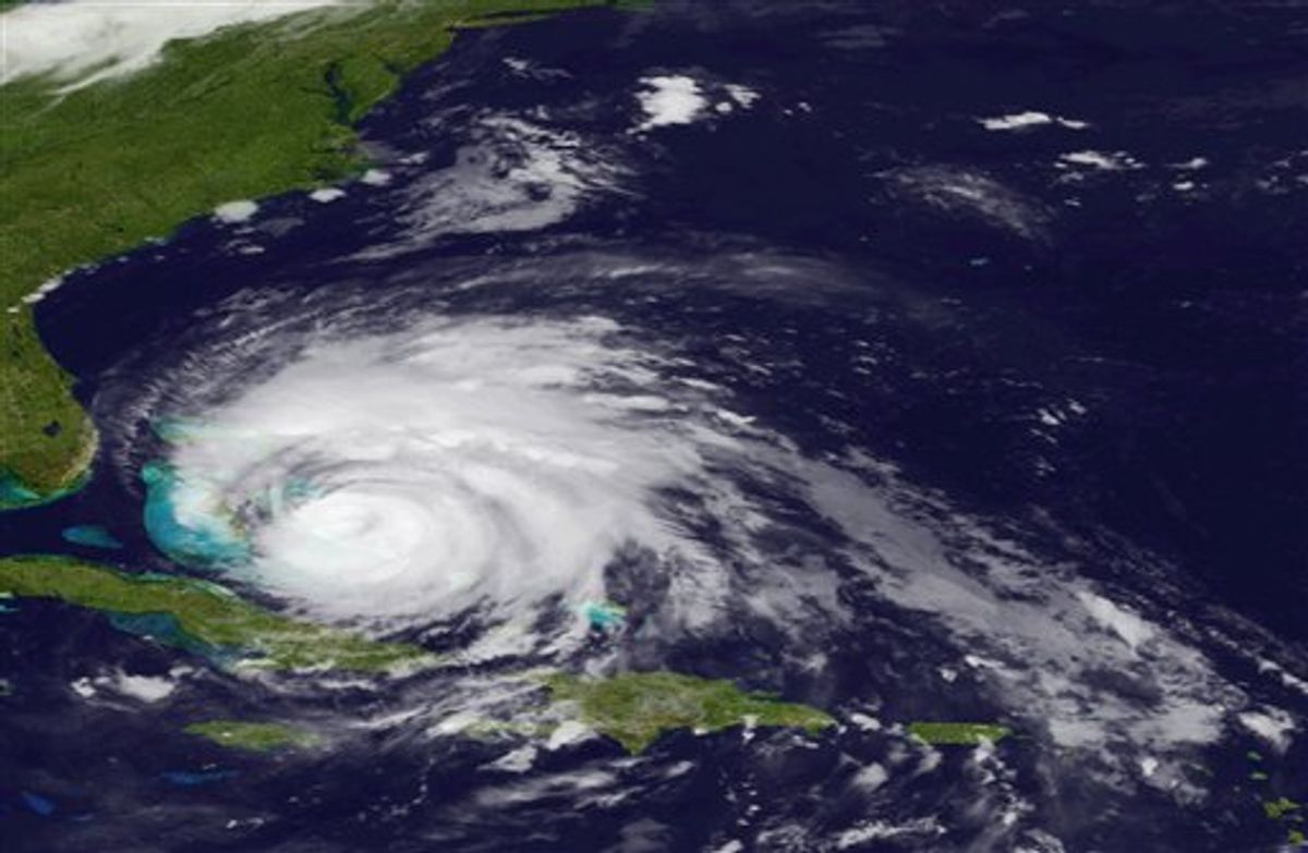 In an image provided by NOAA and made by the GOES East satellite Hurricane Irene is shown as it move over the Bahama Thursday Aug. 25, 2011.  Irene could hit North Carolina's Outer Banks on Saturday afternoon with winds around 115 mph (185 kph) and it's predicted to go up the East Coast, dumping rain from Virginia to New York City. (AP Photo/NOAA) (AP)