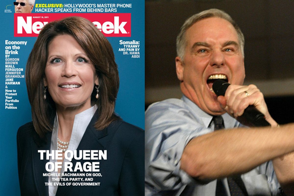 Rep. Michele Bachmann on the cover of Newsweek. Right: Then Democratic presidential hopeful, former Vermont Gov. Howard Dean addresses supporters during his caucus night party in West Des Moines, Iowa on Monday, Jan. 19, 2004.  