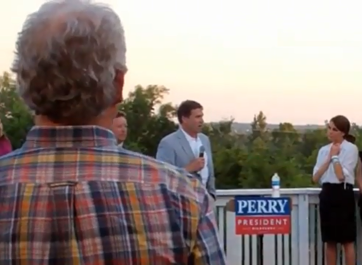 Gov. Rick Perry, R-Texas, salutes at his first campaign event on Saturday, Aug. 13, 2011, in Greenland, N.H. after announcing earlier in the day that he's running for President in 2012.  (AP Photo/Evan Vucci) (AP)