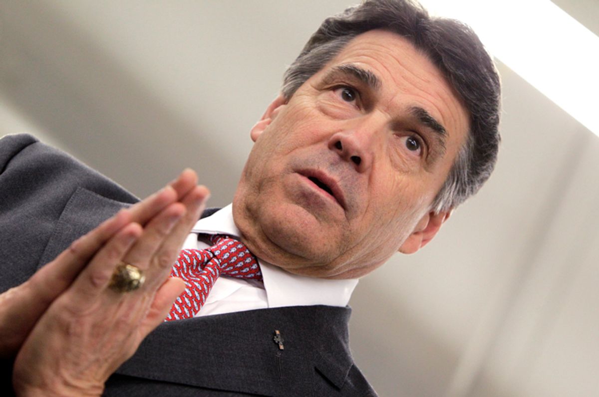 Texas Gov. Rick Perry pauses while answering a reporters question in Dallas, Tuesday, March, 8, 2011. A bill in the Texas Senate would loosen Gov. Perry's control over multimillion-dollar funds used to lure business and help start-up technology companies. (AP Photo/LM Otero) (Lm Otero)