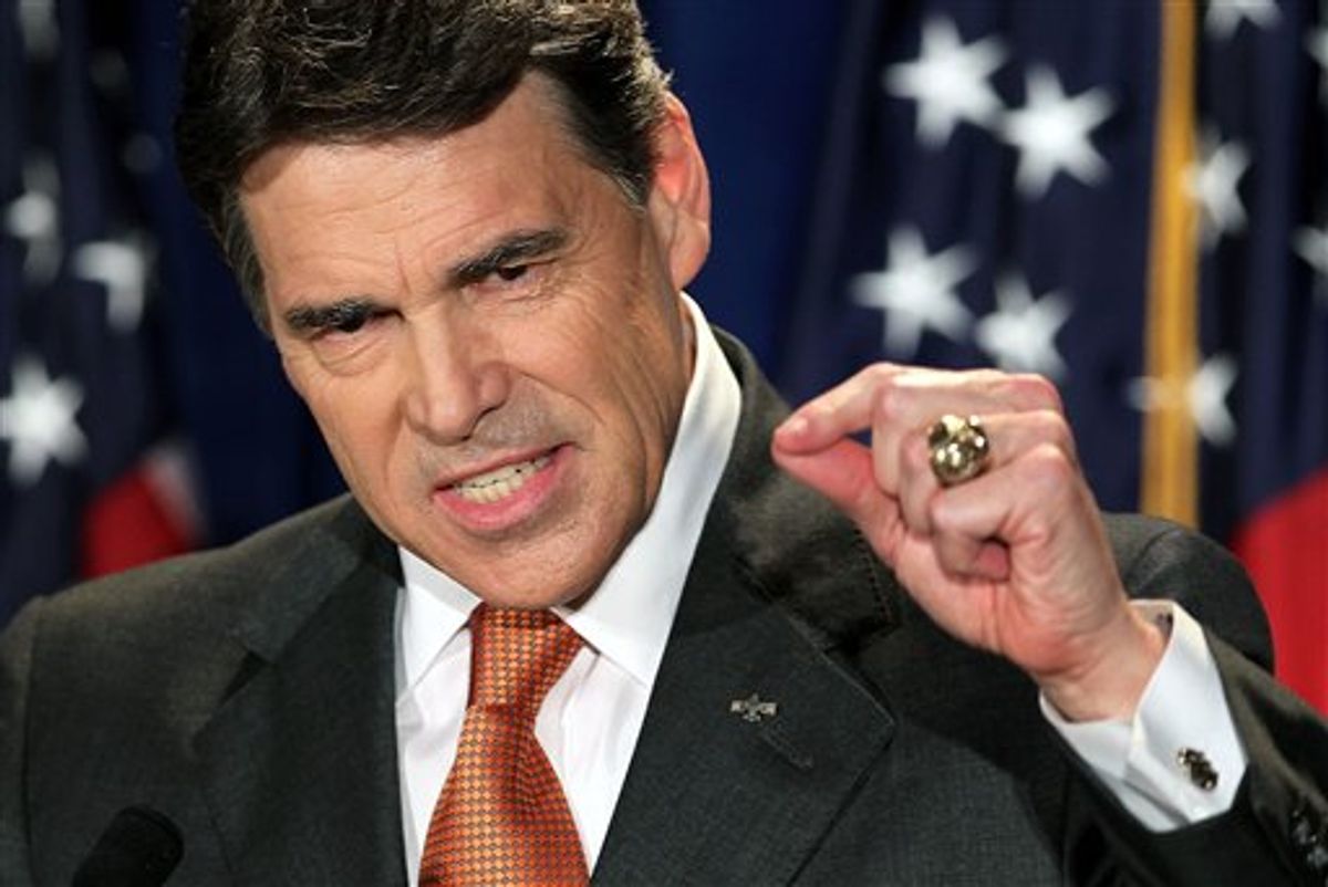 Texas Gov. Rick Perry speaks at the Red State Gathering, Saturday, Aug. 13, 2011 in Charleston, S.C. where he announced his run for president in 2012. (AP Photo/Alice Keeney) (AP)