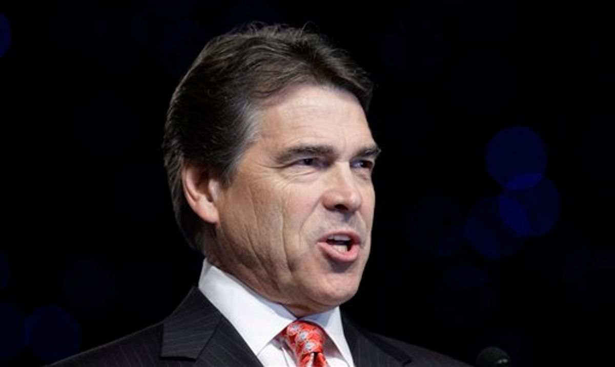 Republican presidential candidate, Texas Gov. Rick Perry addresses the Veterans of Foreign Wars 112th National Conference, Monday, Aug. 29, 2011, in San Antonio. Perry was invited to speak on behalf of Texas before he formally entered the presidential race. (AP Photo/Eric Gay) (AP)