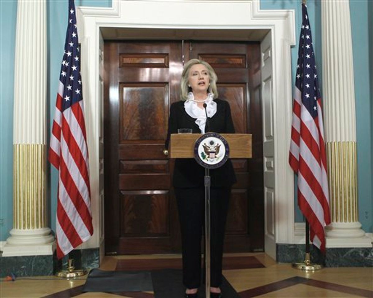 Secretary of State Hillary Rodham Clinton makes a statement about Syria, Thursday, Aug. 18, 2011, at the State Department in Washington. (AP Photo/Luis M. Alvarez) (AP)