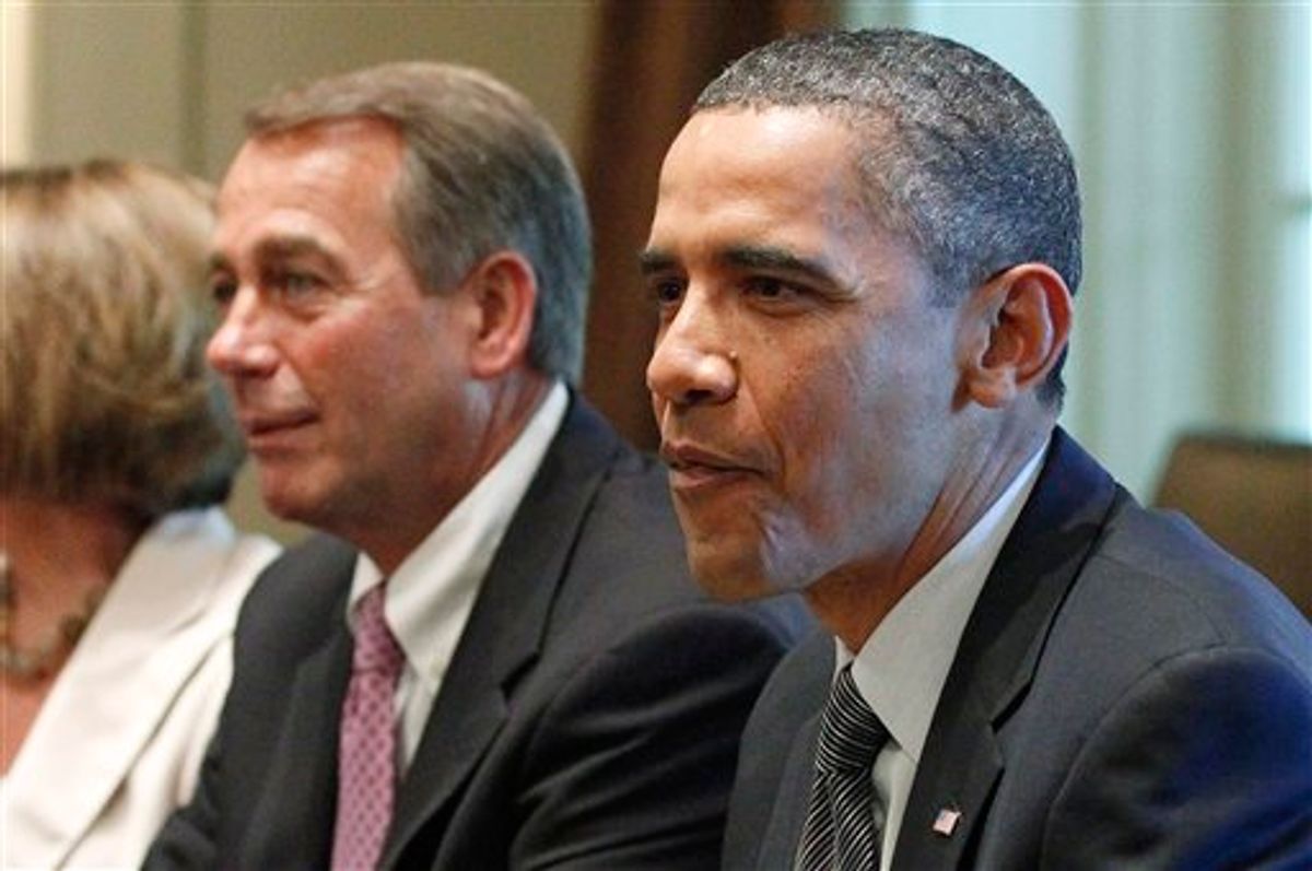 President Barack Obama and House Speaker John Boehner of Ohio, take part in a meeting  in the Cabinet Room of the White House in Washington, Thursday, July 14, 2011, with Republican and Democratic leaders regarding the debt ceiling. (AP Photo/Charles Dharapak)  (AP)