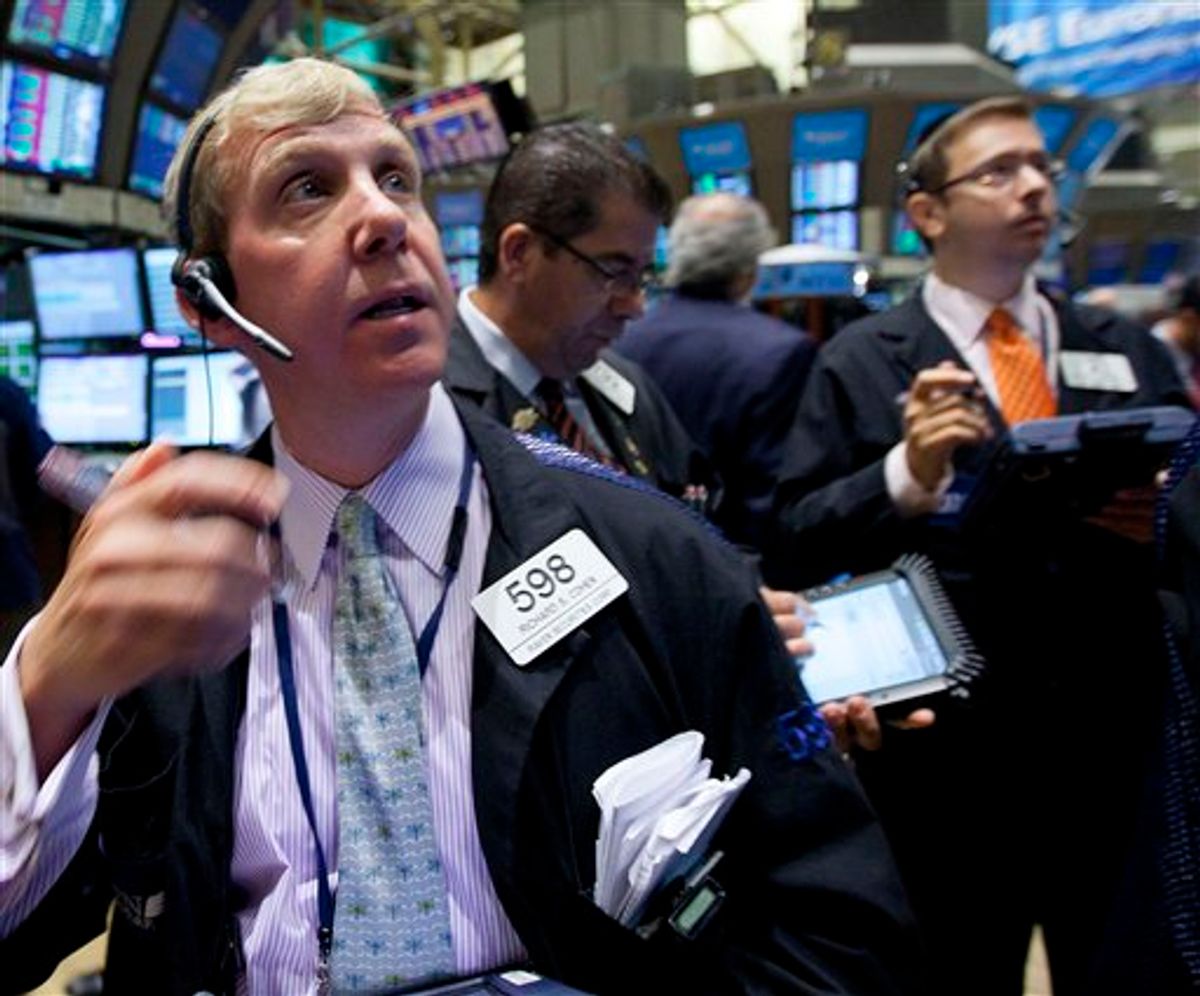 Traders work on the floor of the New York Stock Exchange on Monday, Aug. 8, 2011 in New York. (AP Photo/Jin Lee) (AP)