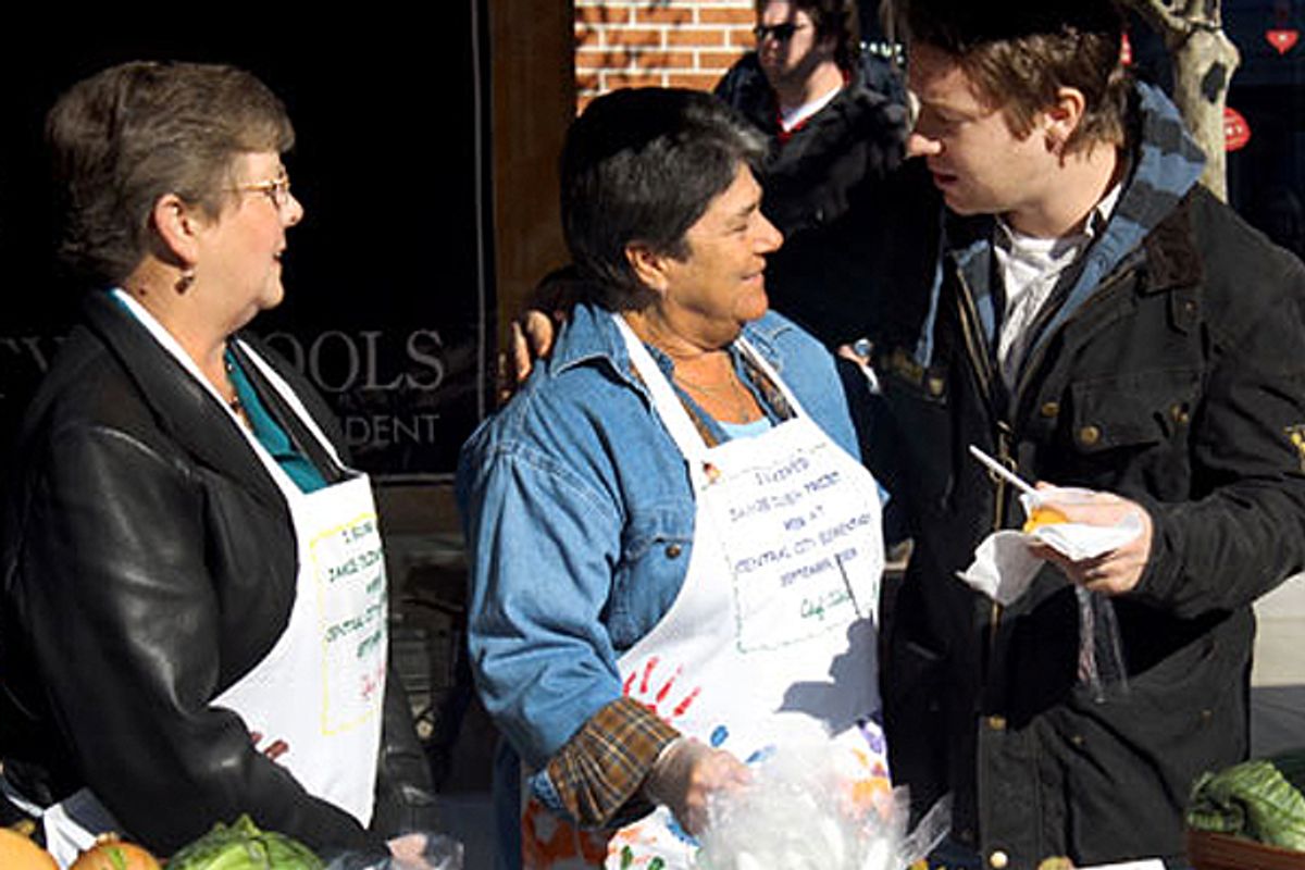 Alice Gue (center) and Jamie Oliver (right)