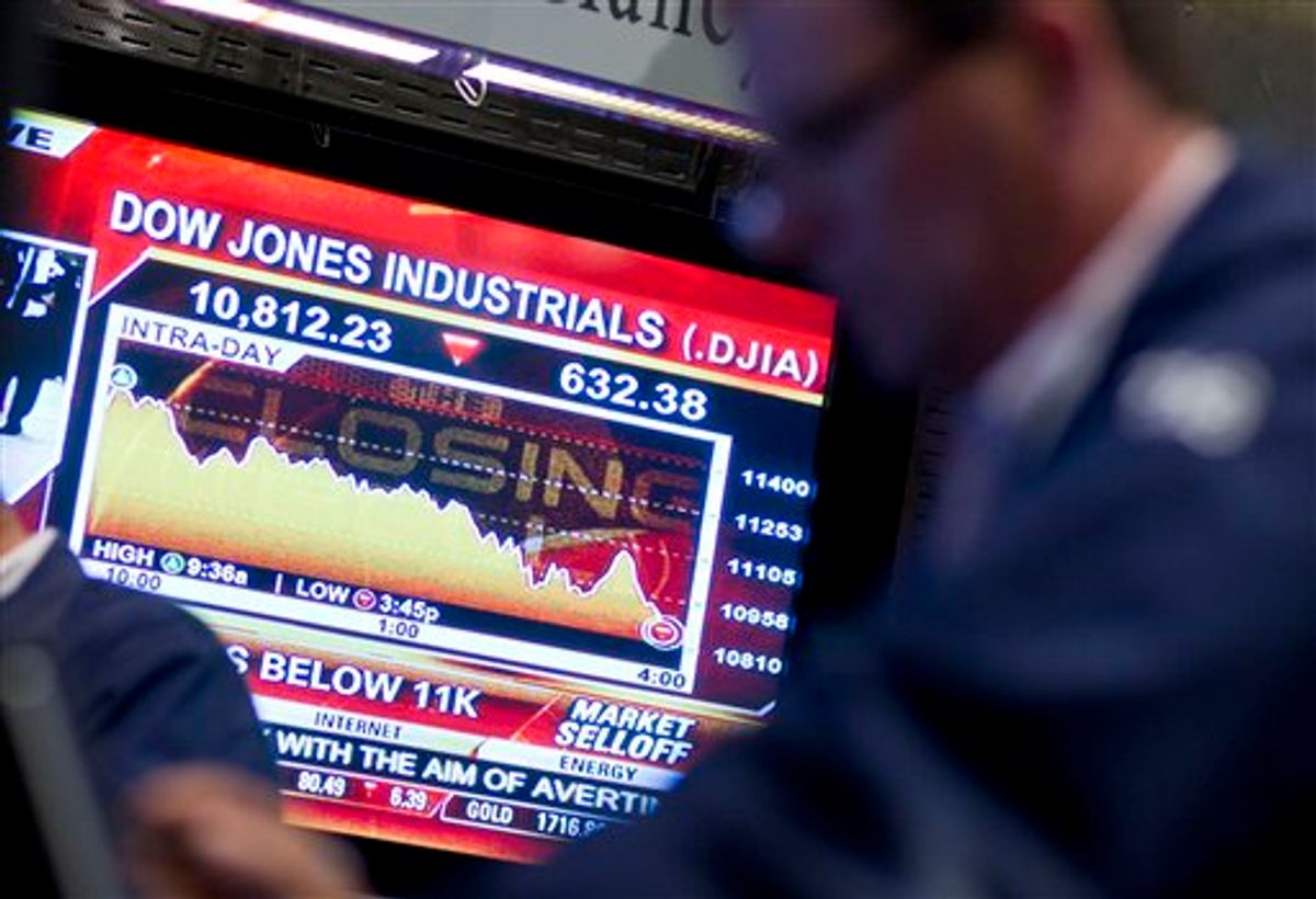 A television monitor displays the Dow Jones Industrial Average on the floor of the New York Stock Exchange near the close on Monday, Aug. 8, 2011 in New York. The Dow Jones industrials closed down 634 points, or 5.5 percent, to 10,809 Monday. It was the first time the Dow fell below 11,000 since November and its biggest one-day point drop since December 2008. (AP Photo/Jin Lee) (AP)