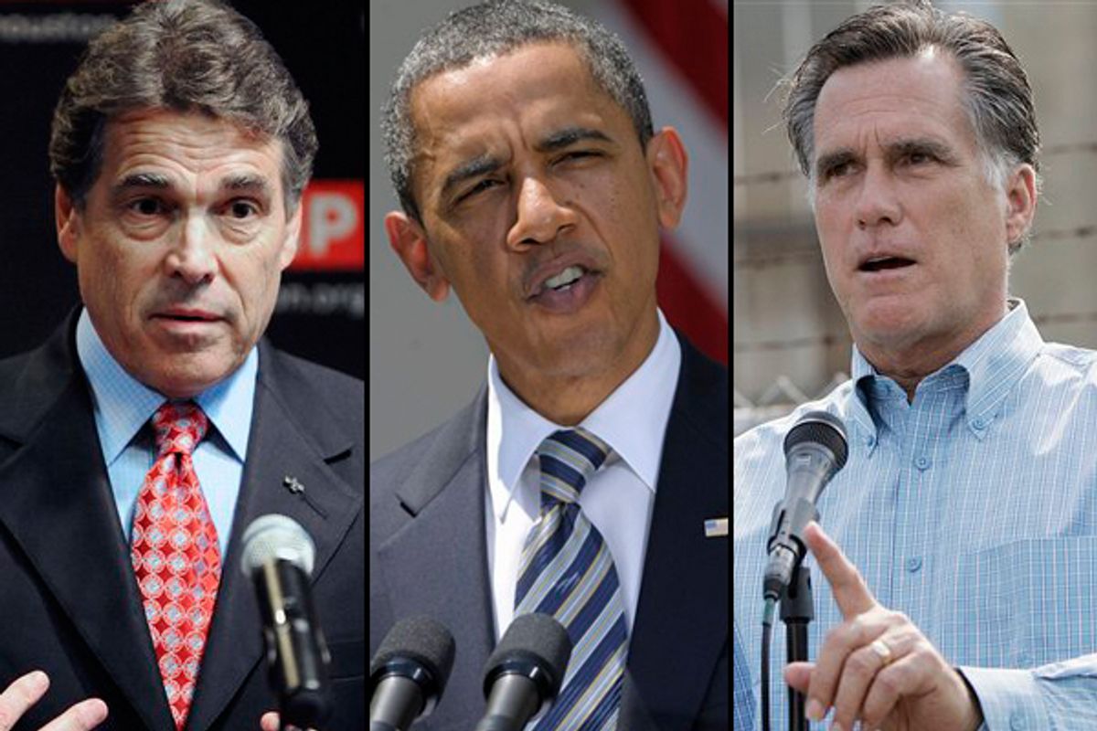 Gov. Rick Perry, President Barack Obama, and Mitt Romney