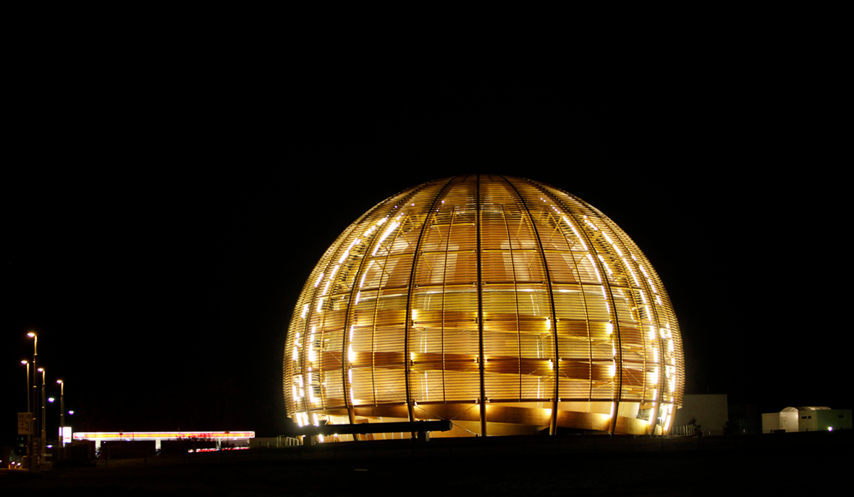 The globe of the European Organization for Nuclear Research, CERN, is illuminated outside Geneva, Switzerland, early morning Tuesday, March 30, 2010.