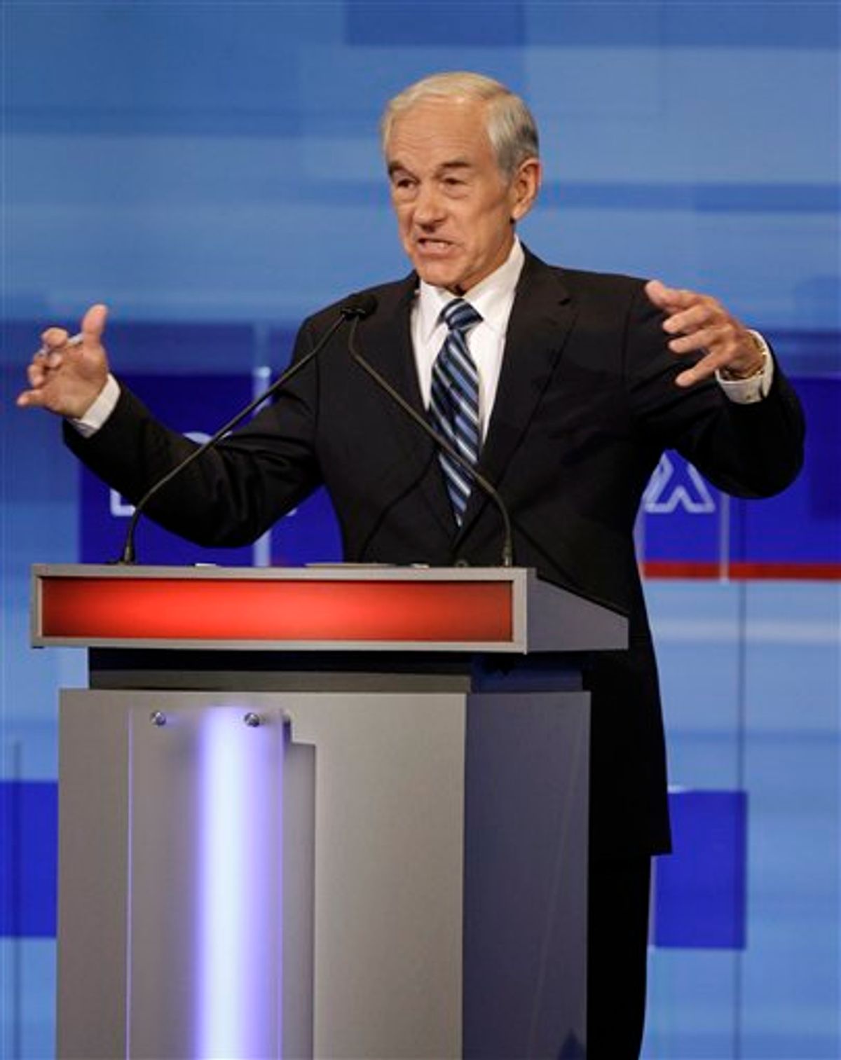 Republican presidential candidate Rep. Ron Paul, R-Texas, speaks during the Iowa GOP/Fox News Debate at the CY Stephens Auditorium in Ames, Iowa, Thursday, Aug. 11, 2011. (AP Photo/Charlie Neibergall, Pool)   (AP)
