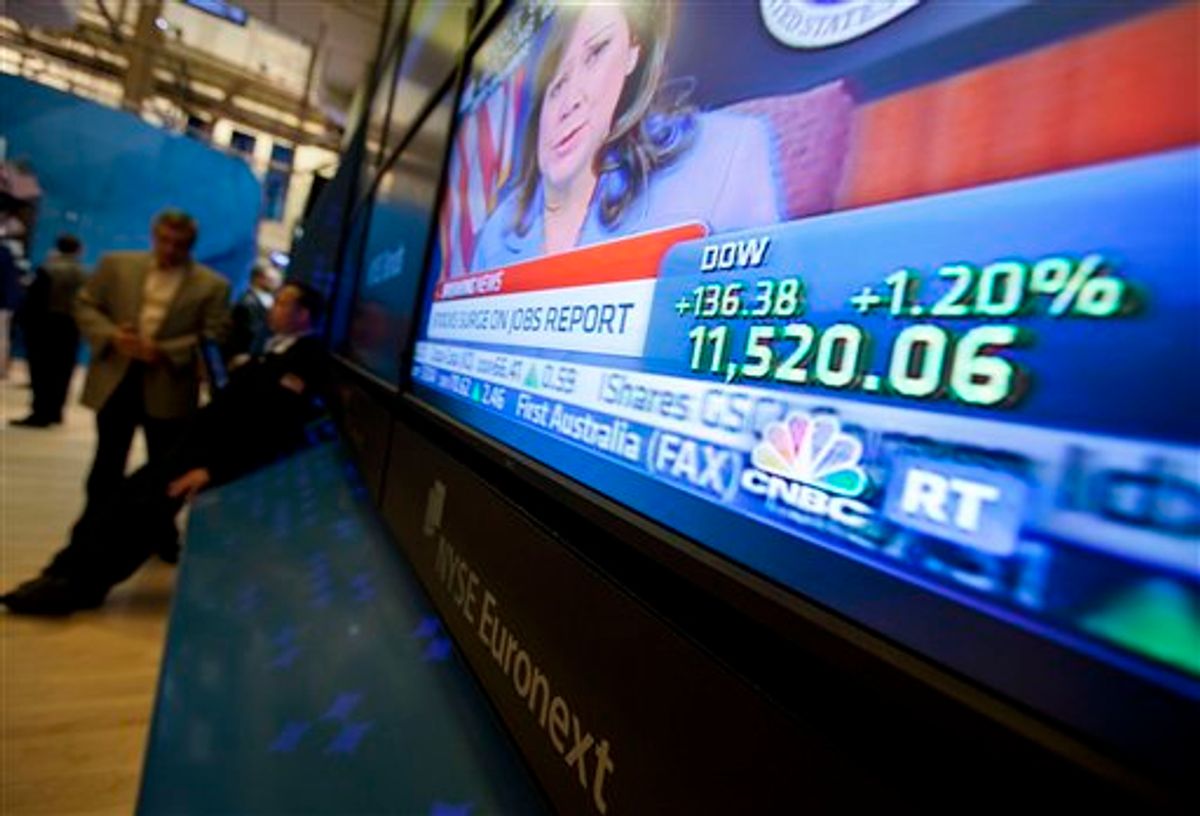 A monitor displays the Dow Jones Industrial Average on the floor of the New York Stock Exchange on Friday, Aug. 5, 2011 in New York.   A government report that hiring improved in July sent stocks sharply higher just after the market opened. The rally lasted less than a half-hour. Many economists still fear that the economy might dip back into recession.  (AP Photo/Jin Lee) (AP)