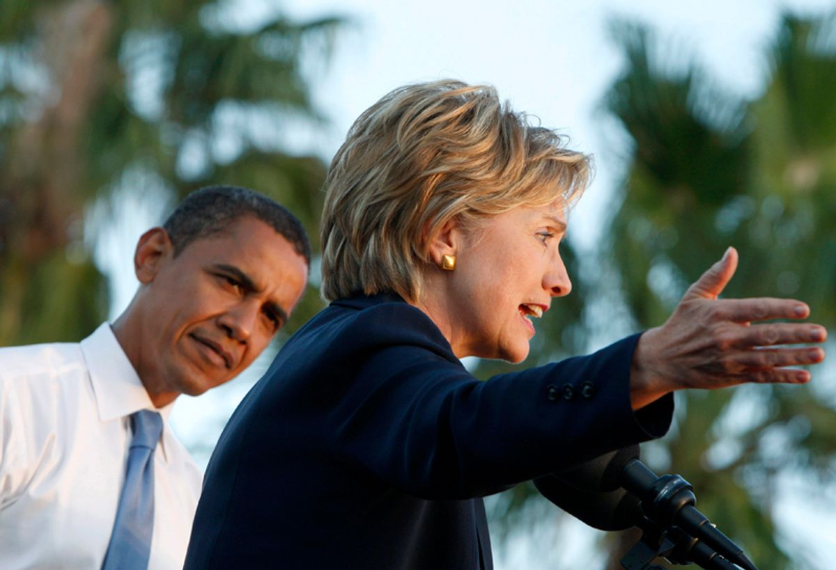 U.S. Democratic presidential nominee Senator Barack Obama (D-IL) and Senator Hillary Clinton (D-NY) attend a campaign rally in Orlando, Florida, in this file image taken October 20, 2008. Clinton emerged on November 13, 2008 as a candidate to be U.S. Secretary of State for president-elect Obama, months after he defeated her in an intense contest for the Democratic presidential nomination. Picture taken October 20, 2008.  REUTERS/Jim Young/Files    (UNITED STATES) US PRESIDENTIAL ELECTION CAMPAIGN 2008 (USA) (Â© Jim Young / Reuters)