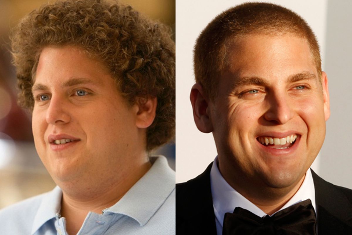 Jonah Hill in 2007's "Superbad" (left) and at a BAFTA event in Los Angeles in July, 2011. (Reuters/Fred Prouser)