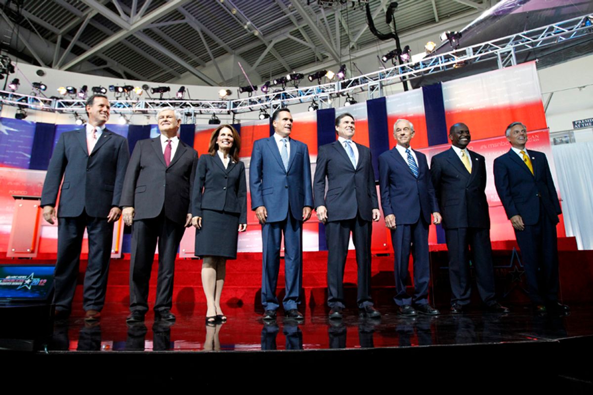 Republican presidential candidates (L-R): Rick Santorum, Newt Gingrich, Michele Bachmann, Mitt Romney, Rick Perry, Ron Paul, Herman Cain, and Jon Huntsman stand on stage before the start of the Reagan Centennial GOP presidential primary debate at the Ronald Reagan Presidential Library in Simi Valley, California September 7, 2011.  REUTERS/Mario Anzuoni (UNITED STATES - Tags: POLITICS)  (Â© Mario Anzuoni / Reuters)