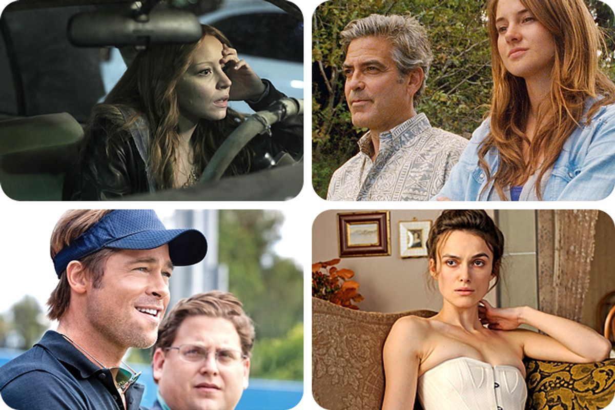Clockwise, from top left, scenes from "Think of Me," "The Descendants," "A Dangerous Method," "Moneyball"