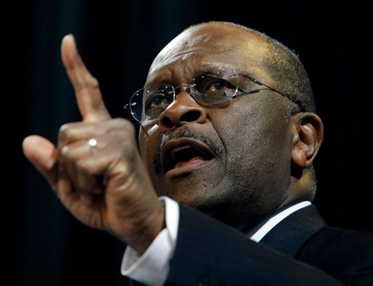 Republican presidential candidate and former CEO of Godfather's Pizza Herman Cain speaks during the Iowa Republican Party's Straw Poll, Saturday, Aug. 13, 2011, in Ames, Iowa. (AP Photo/Charlie Neibergall) (AP)