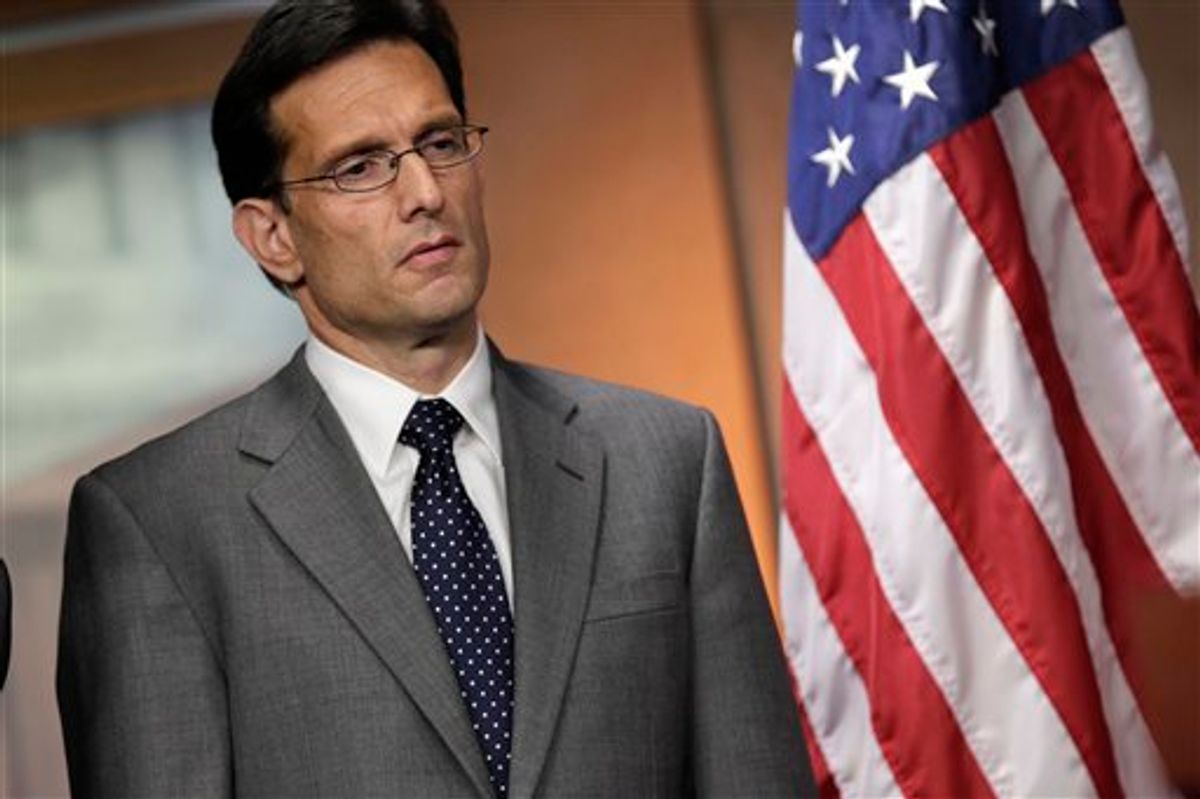 House Majority Leader Eric Cantor of Va., listens during a news conference on Capitol Hill in Washington, Thursday, July 28, 2011, to discuss the debt crisis showdown.  (AP Photo/J. Scott Applewhite) (AP)