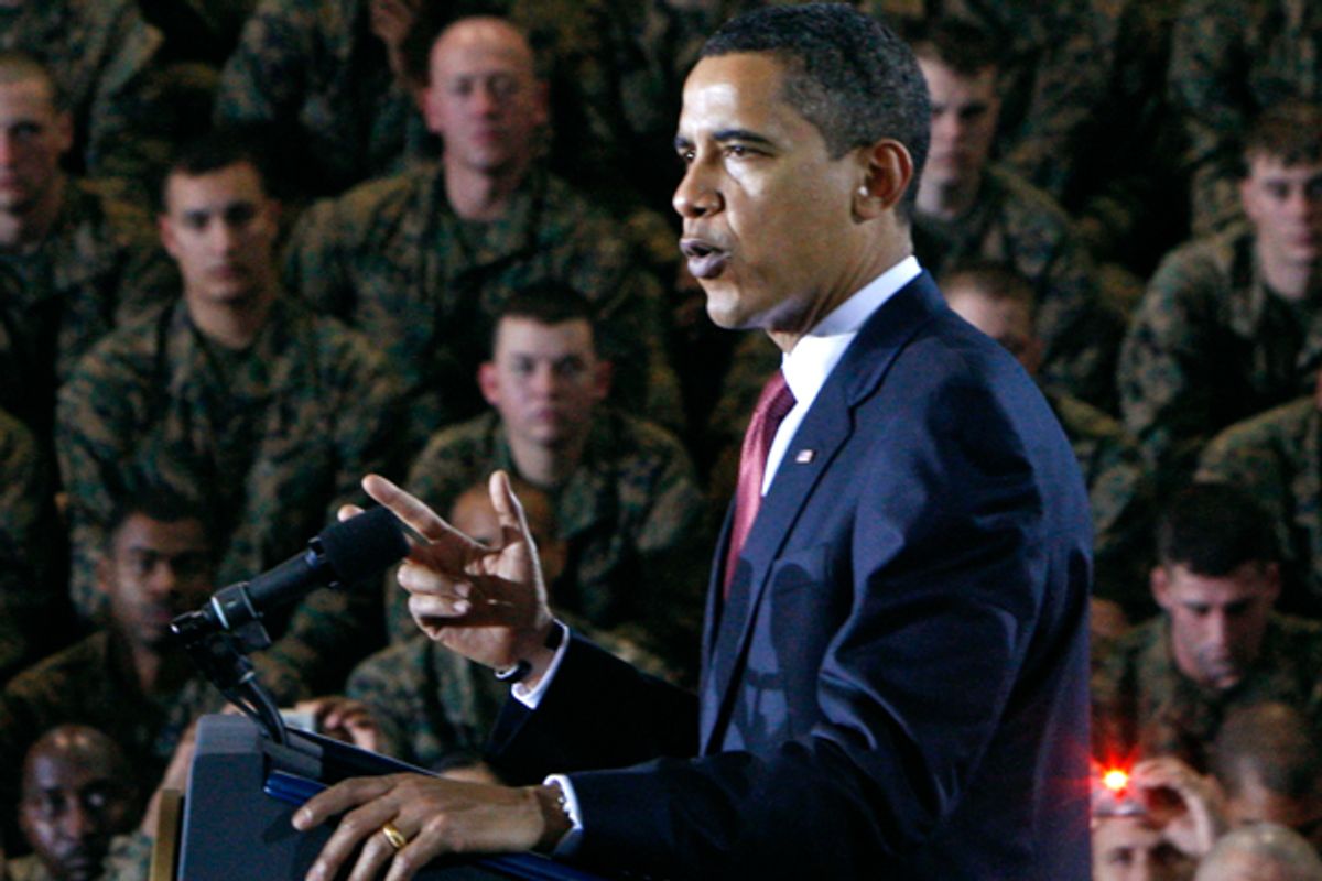 President Obama speaks to Marines at Camp Lejeune in February, 2009.