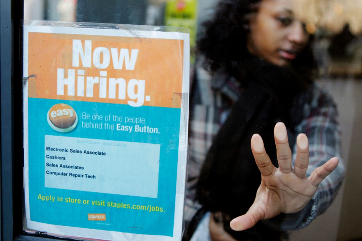 A woman opens a glass door with a "Now Hiring" sign on it as she enters a Staples store in New York March 3, 2011.  New U.S. claims for 
unemployment benefits fell last week to their lowest level in 
more than 2-1/2 years, signalling an acceleration in job 
creation could be taking shape. 
 
 REUTERS/Lucas Jackson (UNITED STATES - Tags: EMPLOYMENT BUSINESS)               (Reuters)