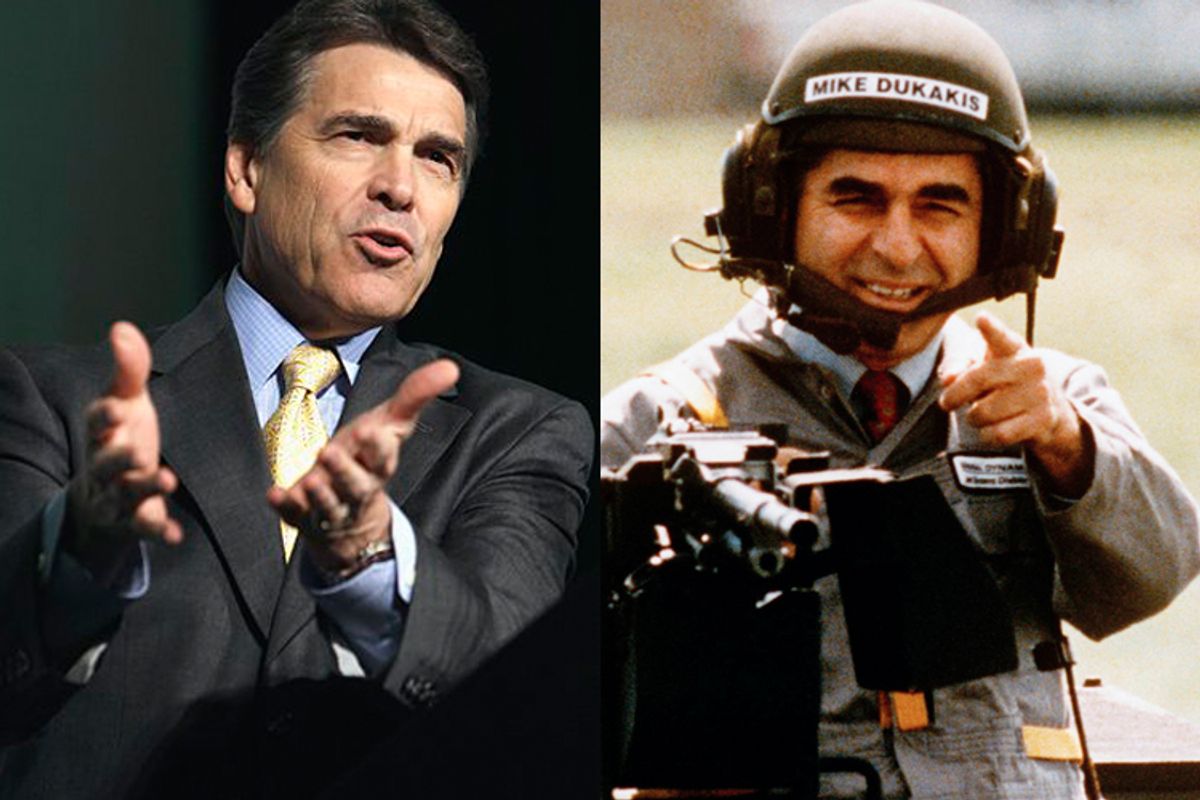 Left: Gov. Rick Perry. Right: A Sept. 13, 1988 photo showing then Democratic Presidential candidate Michael Dukakis 