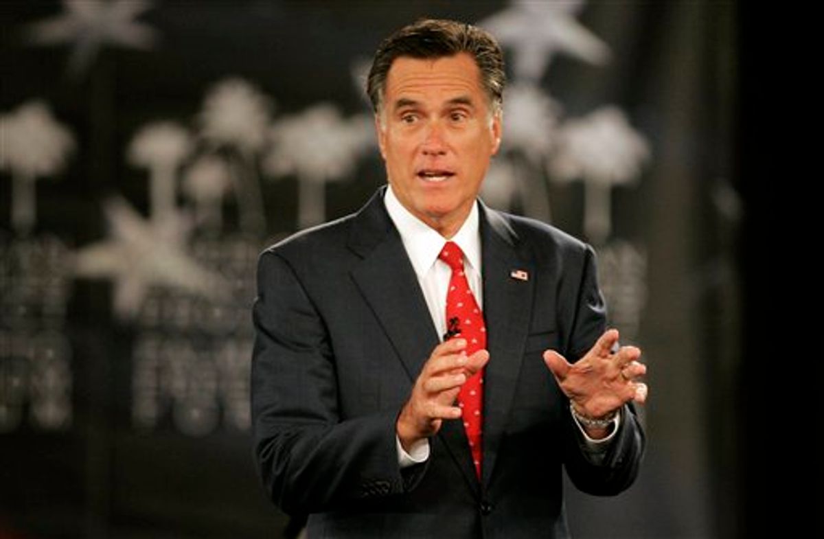 Republican presidential candidate former Massachusetts Gov. Mitt Romney speaks during the American Principles Project Palmetto Freedom Forum Monday, Sept. 5, 2011, in Columbia, S.C. (AP Photo/ Mary Ann Chastain) (AP)