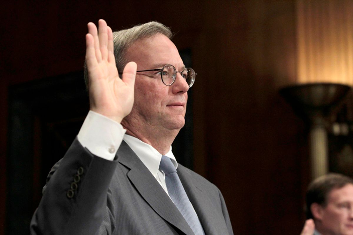 Google Executive Chairman Eric Schmidt is sworn in on Capitol Hill in Washington, Wednesday, Sept. 21, 2011, prior to testifying before the Senate Antitrust, Competition Policy and Consumer Rights subcommittee hearing to answer whether Google has used its dominance unfairly as it has grown from an Internet search engine expanding into broader services and markets.  (AP Photo/J. Scott Applewhite)  (J. Scott Applewhite)