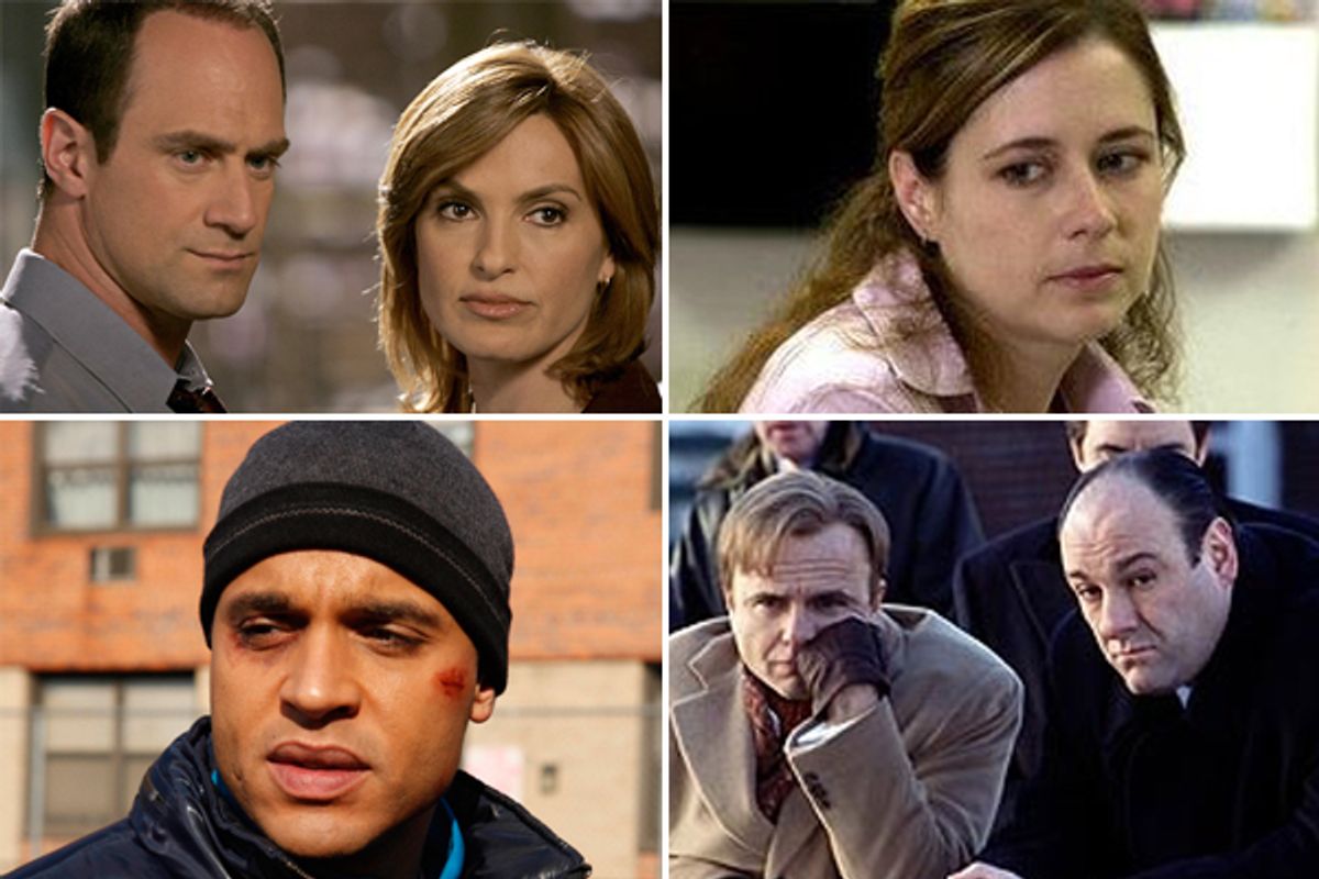 Clockwise from top left: Christopher Meloni and Mariska Hargitay on "Law &amp; Order: Special Victims Unit"; Jenna Fischer on "The Office"; James Gandolfini and Joe Pantoliano of "The Sopranos"; Daniel Sunjata on "Rescue Me"