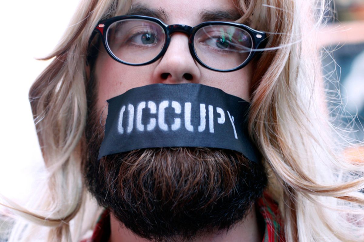  An Occupy Wall Street protester at a demonstration at Times Square on Oct. 15.     (Reuters/Allison Joyce)