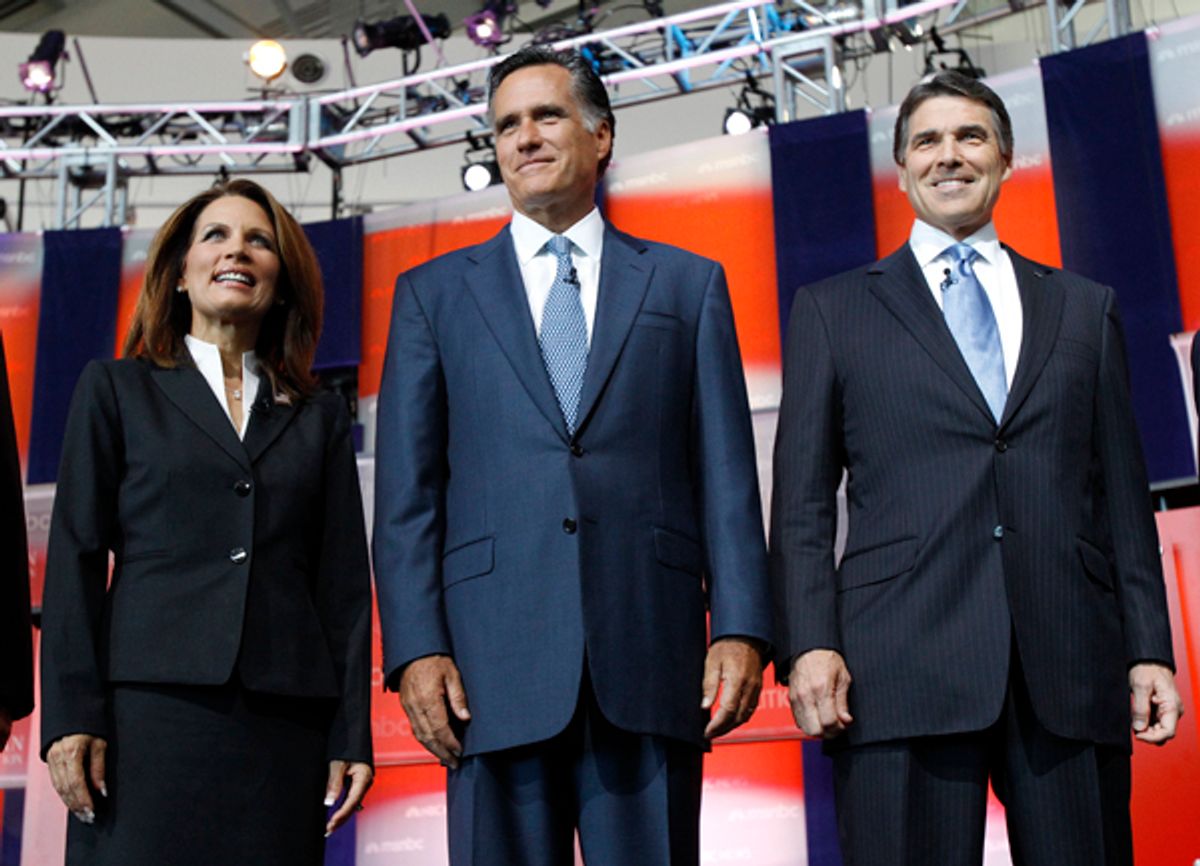 U.S. Republican presidential candidates, Rep. Michele Bachmann (R-Minn.), former Massachusetts Gov. Mitt Romney and Texas Gov. Rick Perry  (Mario Anzuoni / Reuters)