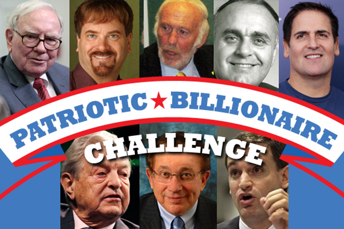  Clockwise, top left: Warren Buffet, Todd Wagner, James Simons, Leon Cooperman, Mark Cuban, John Arnold, Herbert Simon, George Soros     