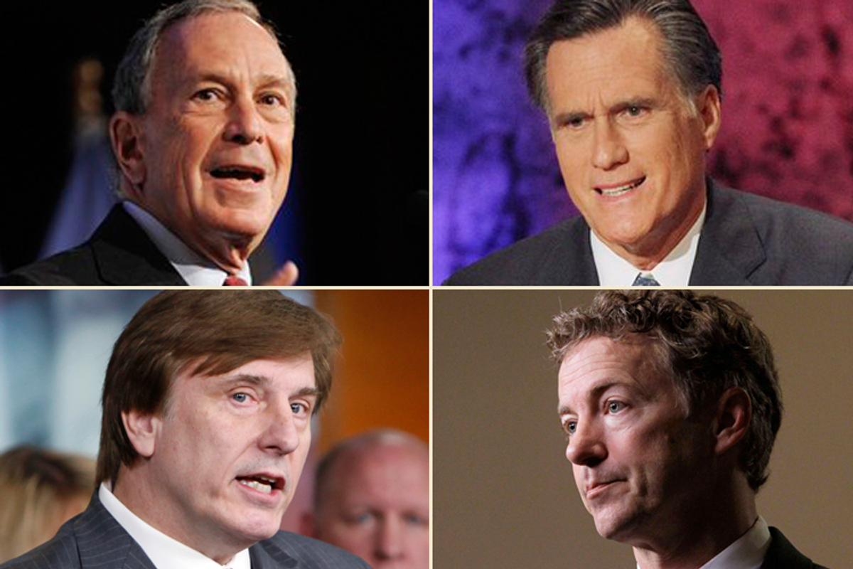 Clockwise from top left: Michael Bloomberg, Mitt Romney, Rand Paul and John Fleming   (AP)