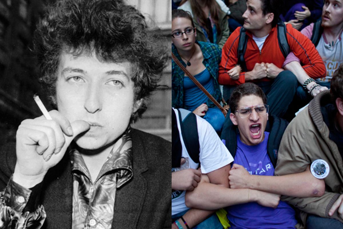  Bob Dylan in 1965. Right: OWS protestors in New York               (AP)