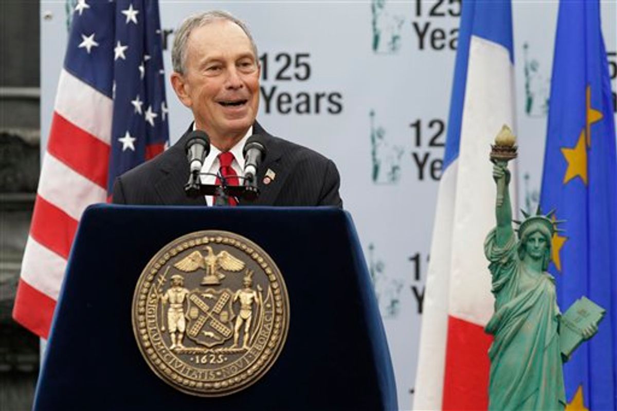 New York Mayor Michael Bloomberg addresses the crowd during a visit to Liberty Island in anticipation of the 125th Anniversary of the Statue of Liberty, in September.     (AP/Julio Cortez)